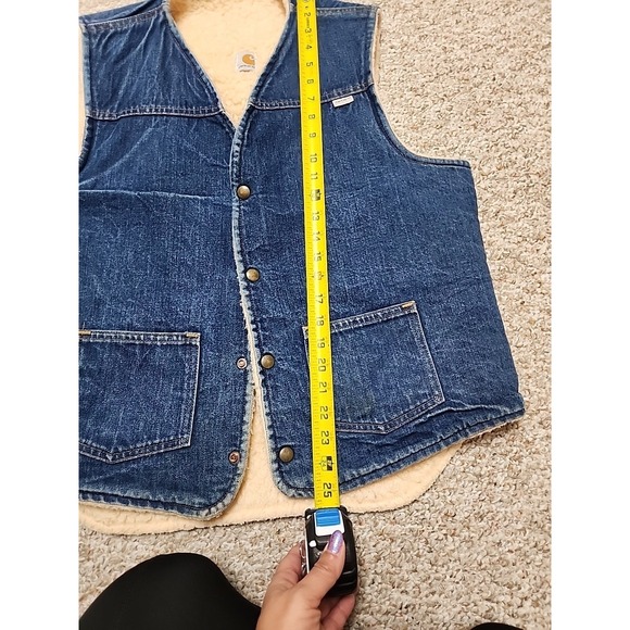 Vintage 80s Carhartt Denim Vest Men's  Large Tall Sherpa Lined Workwear Snap USA - Picture 10 of 16